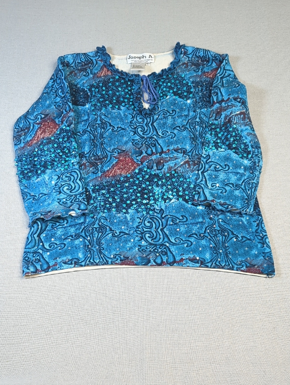 Joseph A Silk Blend Blue Sequin‎ Top Tie Neck 3/4 Sleeve Stretch Y2K Boho Size L